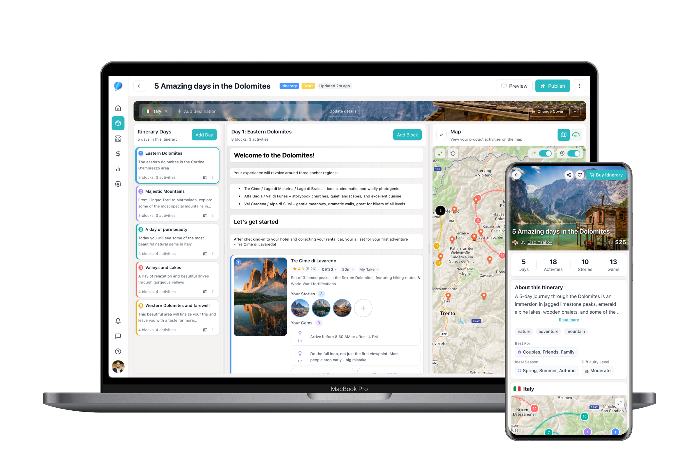 Building a day-by-day itinerary in Tripix - travel-native formats a general storefront doesn't have