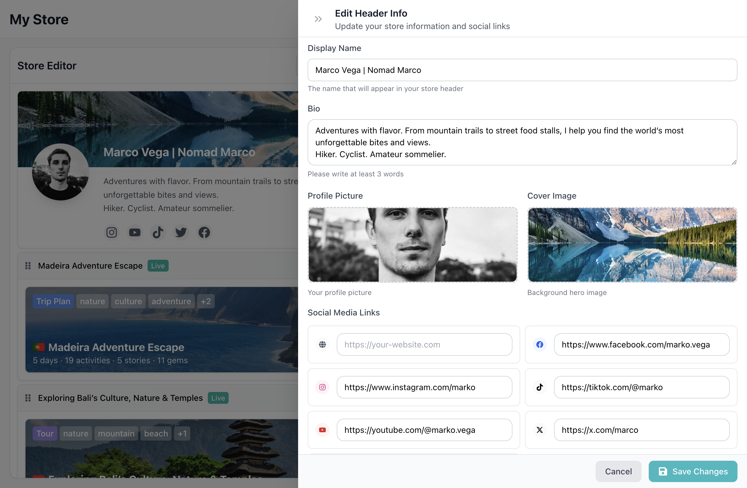 Edit store information interface