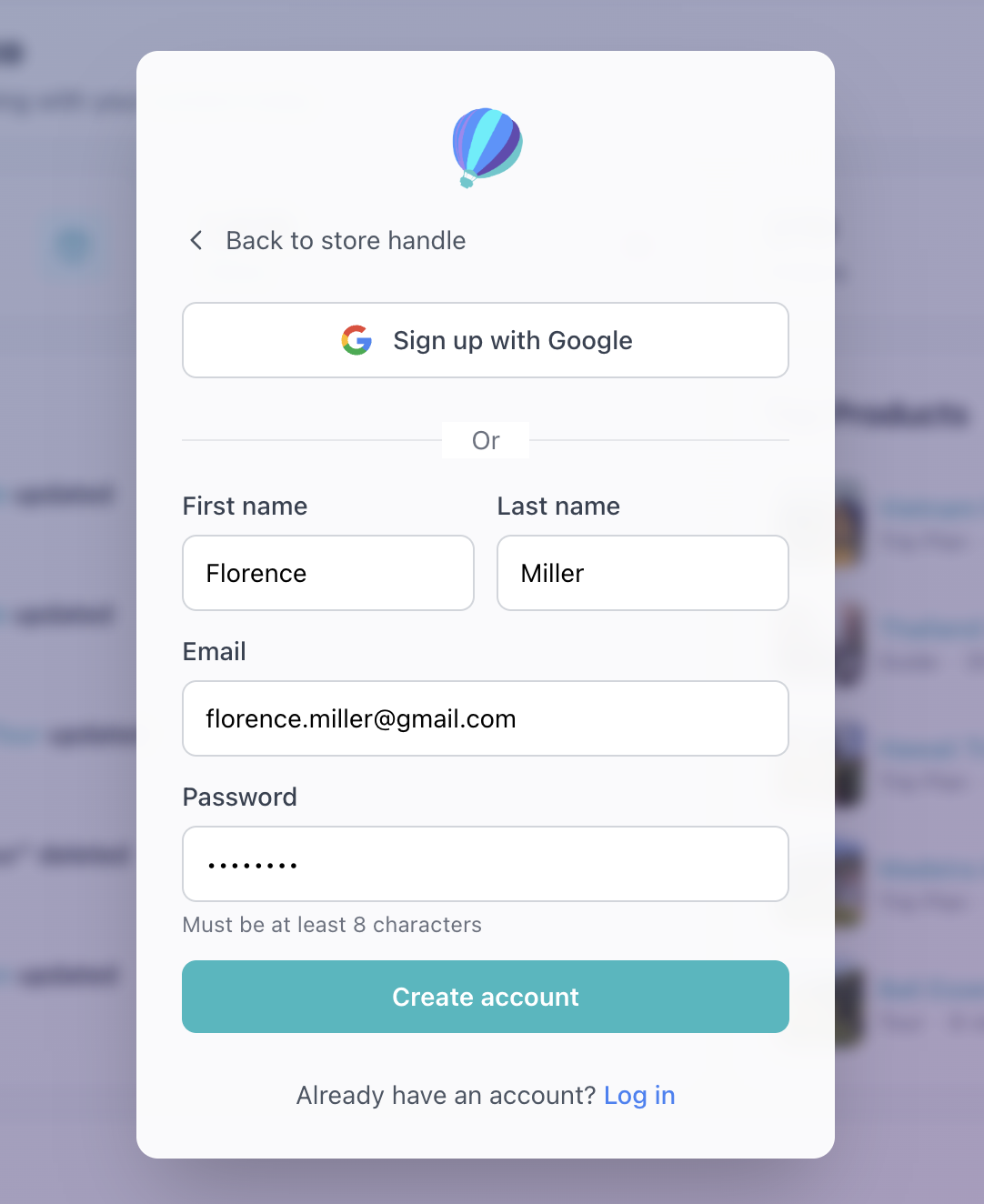 Sign up form with account details