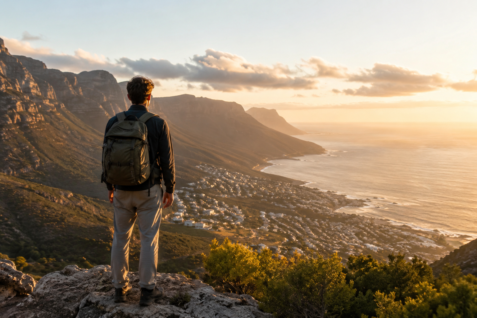 A traveler looking out over a coastal horizon