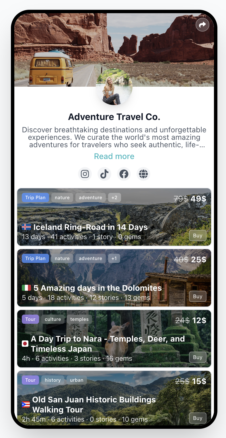 A Tripix storefront - built for selling travel guides, itineraries, and tours